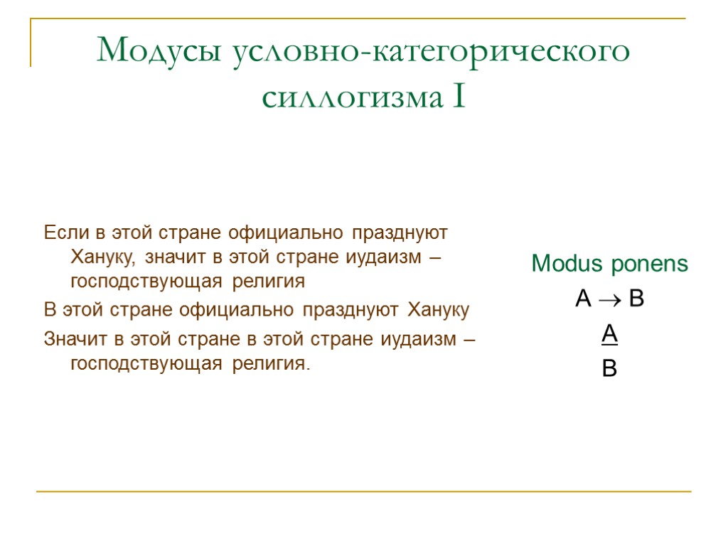 Модусы условно-категорического силлогизма I Если в этой стране официально празднуют Хануку, значит в этой